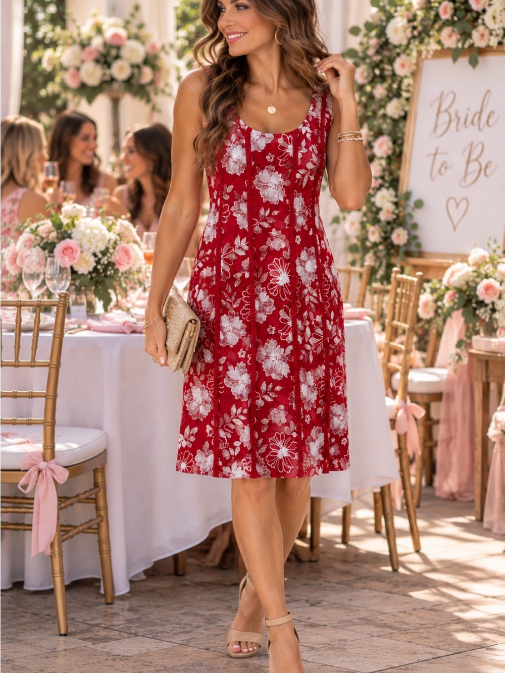 Sleeveless Red Floral Scoop-Neck Dress